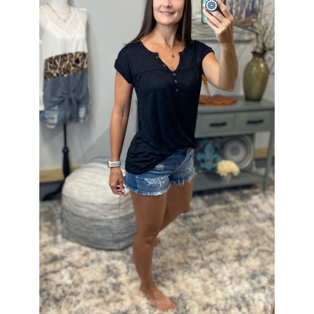 Melange Burnout Henley V-neck Floaty Short Cuffed Tabbed Sleeve Black 3221 - Picture 13 of 13